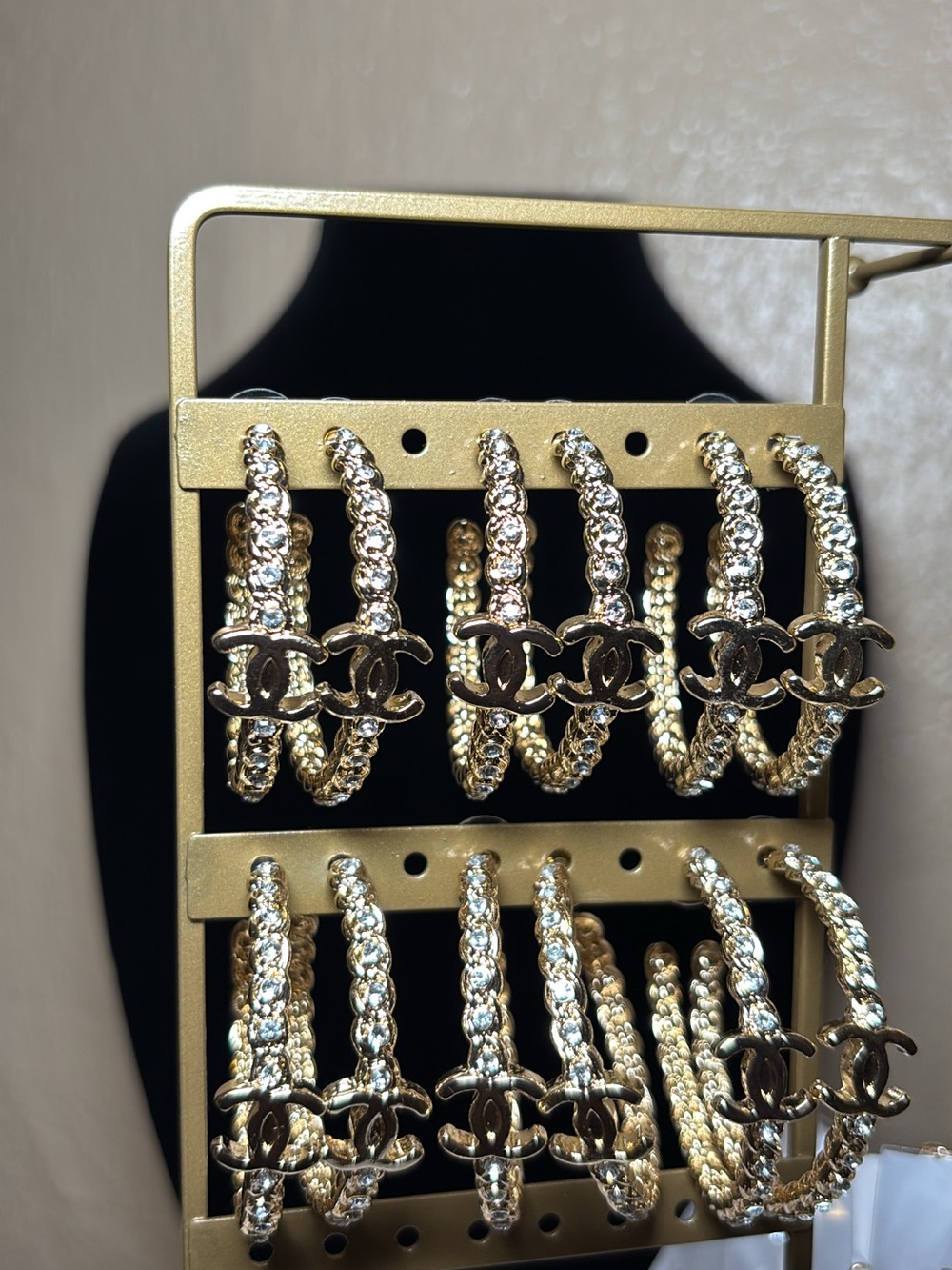 Gold Hoop Earrings with Crystal Chain and Interlocking CC Motif